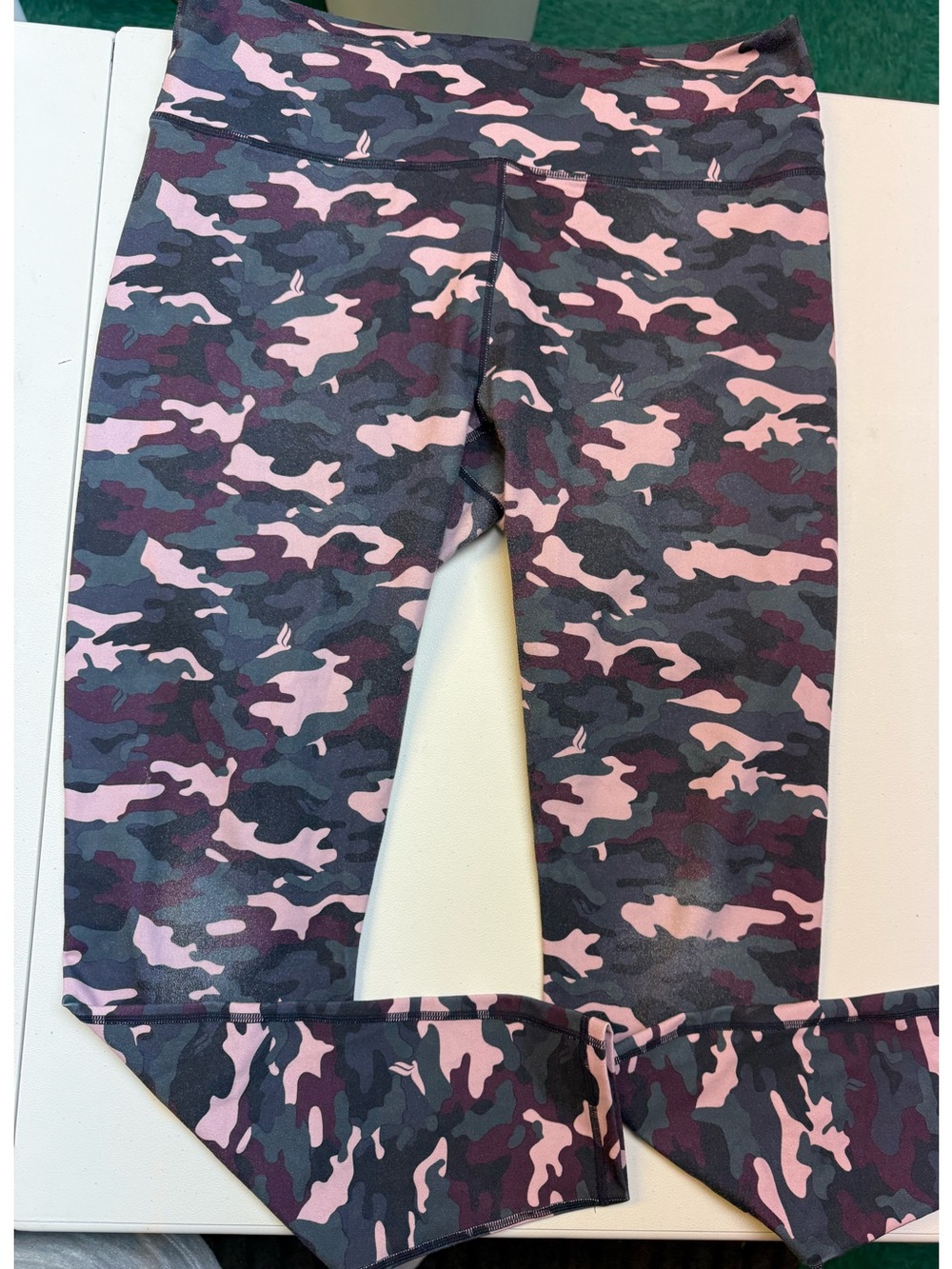 Fabletics PowerHold Pink, Burgundy, Teal, & Gray Camo Leggings